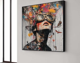 Graffiti Sunglasses Canvas, Butterfly Face Art, Urban Portrait Wall Art, Modern Street Style Decor, Edgy Woman Print