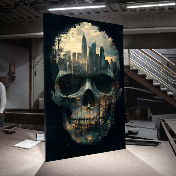 Urban Skull Art, Cityscape Skull Canvas, Surreal Gothic Wall Art