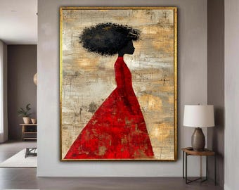 Elegant Silhouette Canvas Wall Art, Afro Woman in Red Dress, Modern Abstract Portrait, Home Decoration, Ready to Hang Gift Art, Home Decor