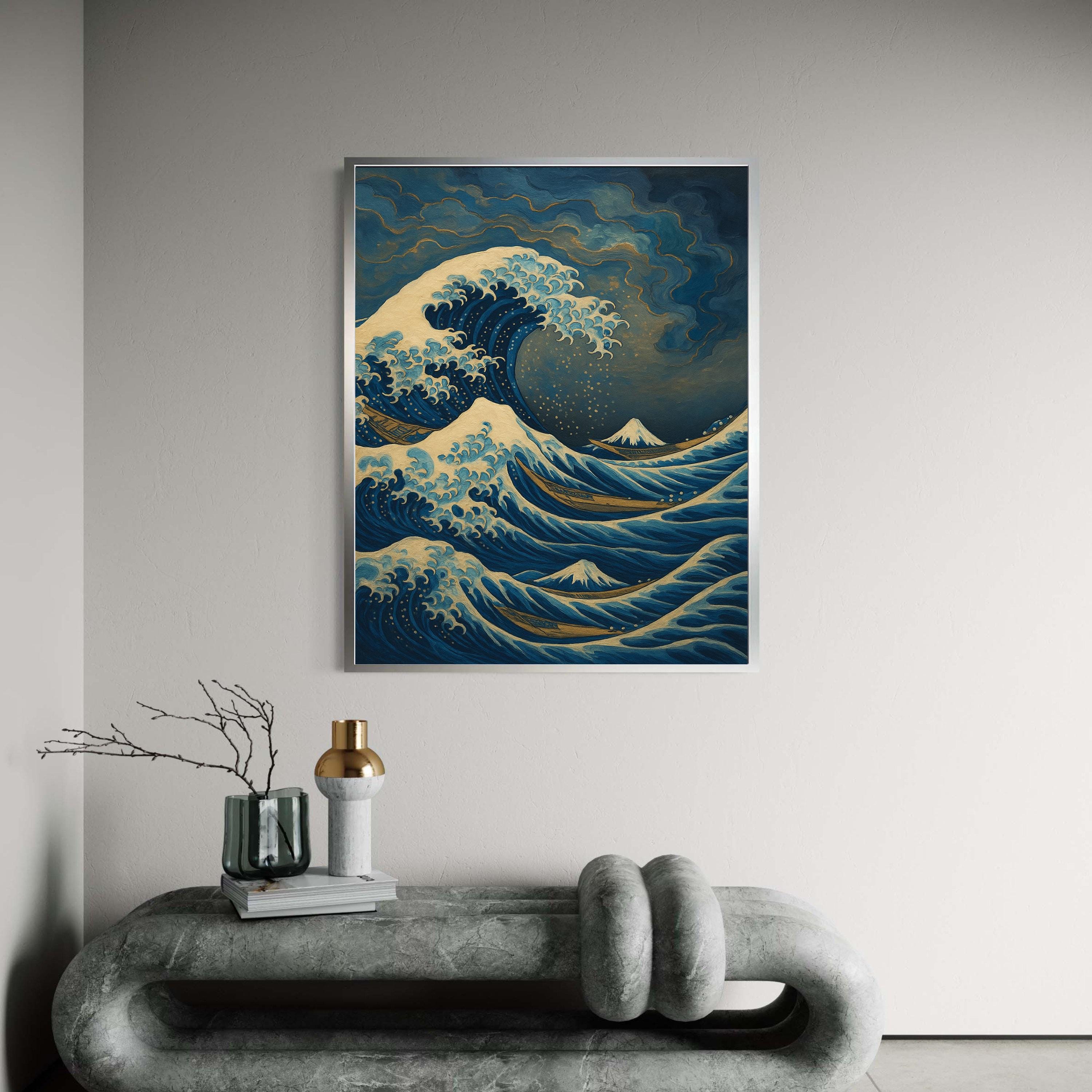 ABAKUHAUS Runner Da Tavolo 40x180 Cm | Giapponesi Onde Dell'Oceano | Blu E Bianco | Tessuto Poliestere Turchia