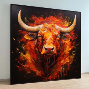 Fiery Bull Canvas, 3D Animal Wall Art, Bold Bull Head Painting, Vibrant Wildlife Print, Powerful Wall Decor,Animal Wall Decor, Ready to Hang