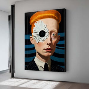 Pop Surreal Man Print, Orange Hair Canvas Art, Strange Eye Graphic Decor, Quirky Statement Wall Gift, Modern Avant Garde Portrait