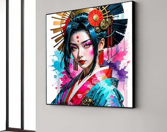 Modern Geisha Portrait Canvas, Japanese Woman Art Print, Colorful Kimono Wall Art, Asian Culture Canvas Decoration, Gift Art, Home Decor