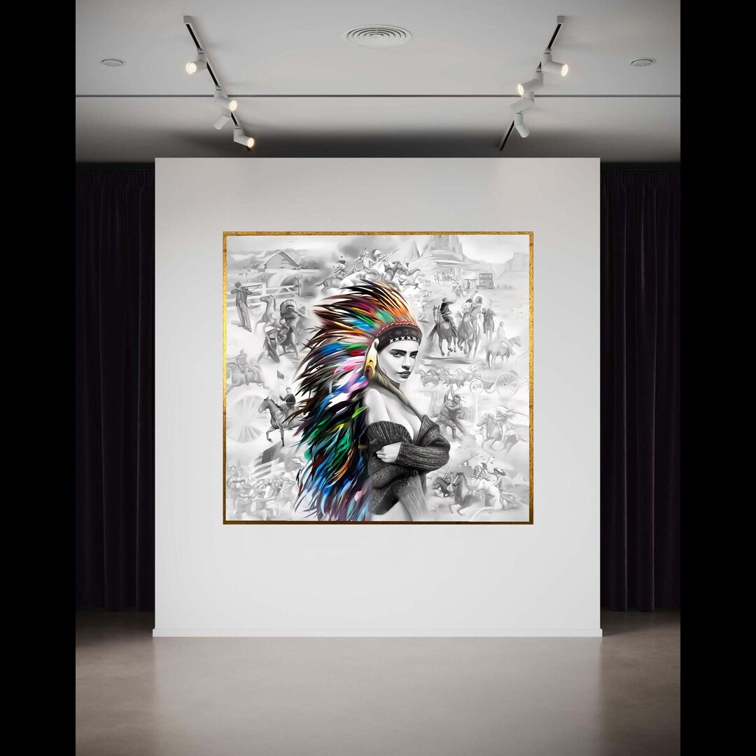 Vibrant Native American Headdress Portrait, Modern Indian Woman Canvas ...