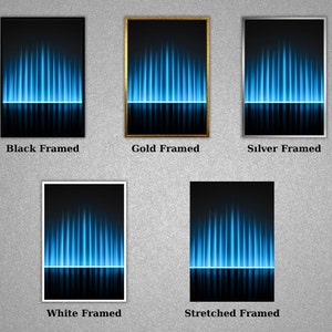 May include: Five different framed digital art prints with a blue and black abstract design. The frames are black, gold, silver, white, and stretched.