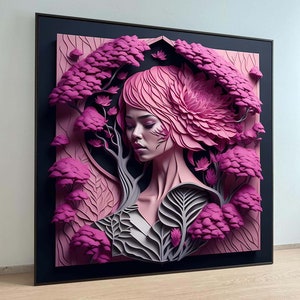 3D Kwiatowy Portret Kobiety Płótno, Różowa Kwiatowa Kobieta Ścienna Sztuka, Surrealistyczna Kobieca Twarz Dekoracja, Prezent dla Niej