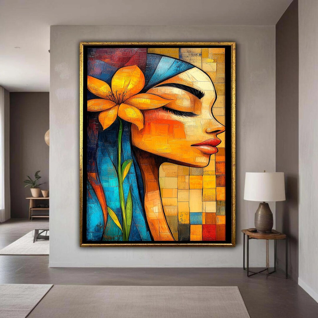 Abstract Woman Portrait Canvas, Floral Face Art, Modern Yellow Lily ...
