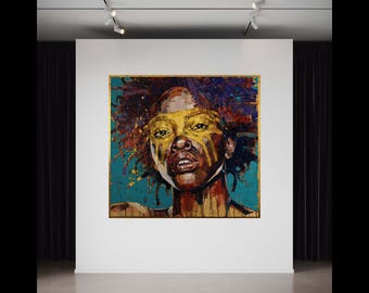 Vibrant African Woman Portrait Canvas, Abstract Face Paint Art, Bold Colorful Wall Art, Modern Decorative Canvas, Gift Art, Home Decor
