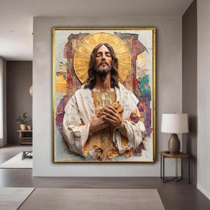 Sacred Jesus Portrait Canvas, Religious Wall Art, Spiritual Christian Decor, Gold Halo Artwork, Inspirational Canvas Gift Art, Home Decor