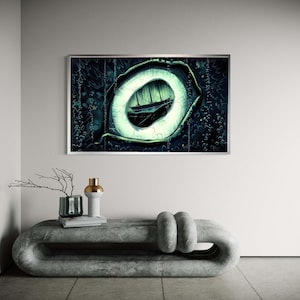 Ojo de criatura marina gigante misteriosa, lienzo con reflejo de barco, decoración de pared de fantasía oceánica, lienzo de aventura náutica, regalo artístico, decoración del hogar