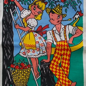 Silkscreened Dishtowel Amazing Graphics 1930s or 40s Print Super Bold Apple Orchard Lad and Lassie Frame it for kitchen decor