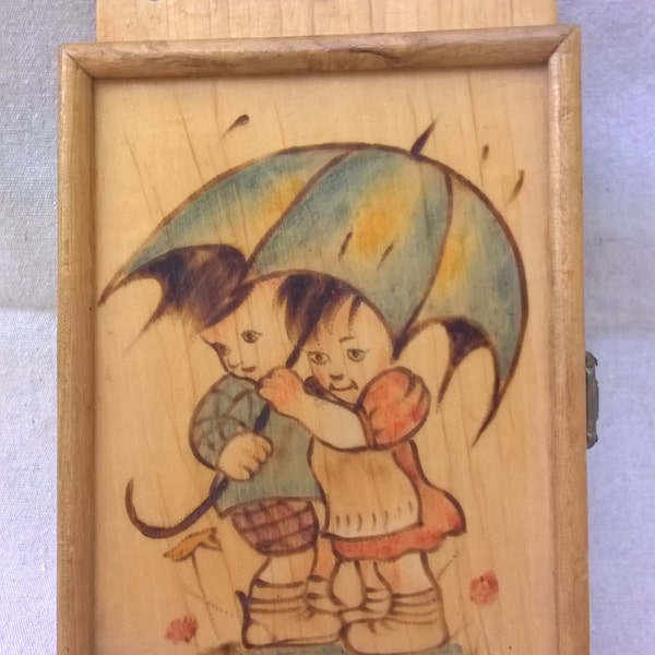 Na Hummel kids met paraplu, Vintage hout sleutel vak Wall mount sleutel Box, Kawaii Kids, Hummel zoals Art, zeer zoete