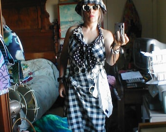 Black White Gingham 2 pc sarong,  LaurieLeeC Summer Ensemble, includes vintage Hat, Sunglasses, Belt, Earrings,Hanky, Pin