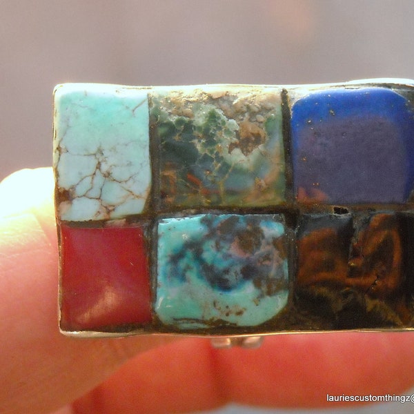 Mosaic Ring Hand Wrought Biker Art Jewelry Turquoise Coral Onyx Lapis OOAK and unique