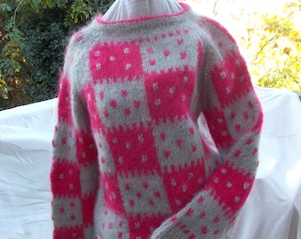 Italian Hand Knit Mohair Sweater, 1960s Classic, Ilaria Darling, Checkerboard Pattern, Bateau Neck, sz 38
