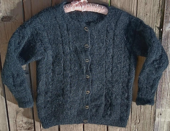 Black Mohair Cardigan, Hand Knit, womens Large, XL Super Fuzzy