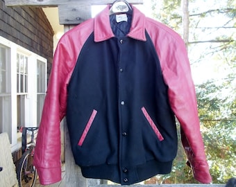 Vintage  Vintage Stadium or Varsity Jacket Red Leather Sleeves Black Wool Torso sz 40 42 Cool Canadian