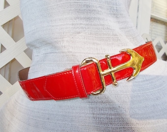 Red Patent Belt with Shiny Gold Tone Anchor Buckle Nautical Cutie ALL-RITE brand waist 30 to 32/33