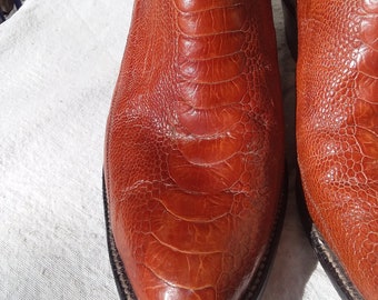 Vintage Western Boots, Panhandle Slim, Ostrich Leg Exotic Hide, Pretty Brown, 8 rows Stitching, Hand Pegged sz 8D