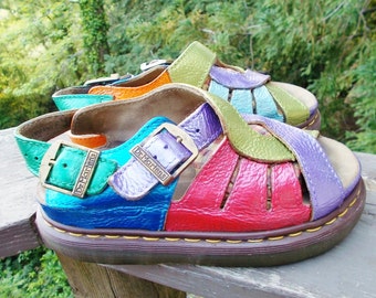 Dr Martens , Custom Painted Dr Martens Leather Sandals sz 7 or 7.5 uk 5 mens 6 ladies 7 OOAK and Colorful