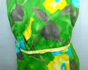 Vintage Hawaiian Dress, Full length Shift, Green Goddess with a Blue Rose,  very pretty sz 38 40 bust