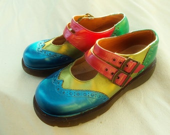 Dr Martens MAry JAne Wingtips, Dr Marten Custom PAinted  Mary Janes ,double buckle straps sz UK 5 , Mens US 6, LAdy US 7