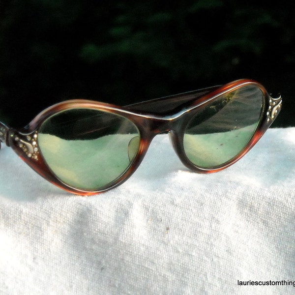 Vintage Titmus Bejeweled Tortishell Cat Eye Sunglass Frames late 50s early 60s Glam These are RX filled You must have filled to wear