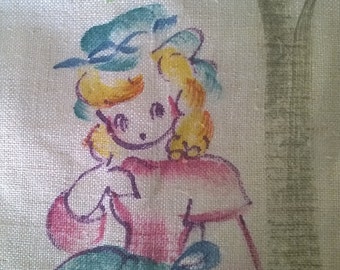 Little Bo Peep Hand Painted Linen Dishtowel, 1940s Cutie, Textiles from the past, Vintage Linen Tea Towel