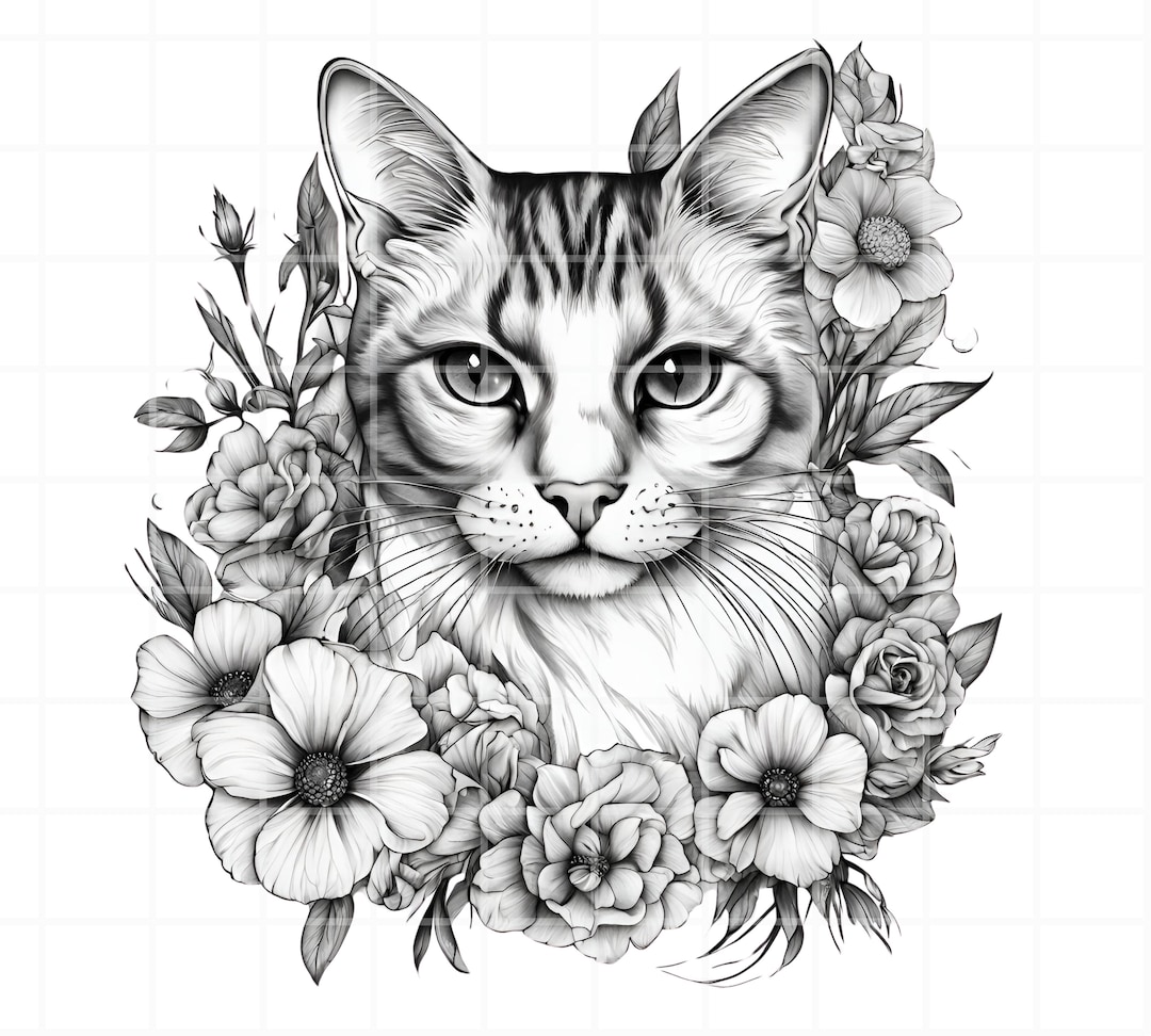 Cat With Flowers Roses Floral PNG Clipart Tattoo Template Black White ...