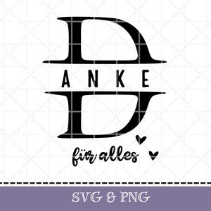 Könnte beinhalten: Schwarz-weißes Grafikdesign des Buchstabens D mit dem Wort "Danke" aufgeteilt zwischen den beiden Teilen des Buchstabens. Der Text "für alles" befindet sich unter dem Buchstaben mit zwei kleinen Herzen.