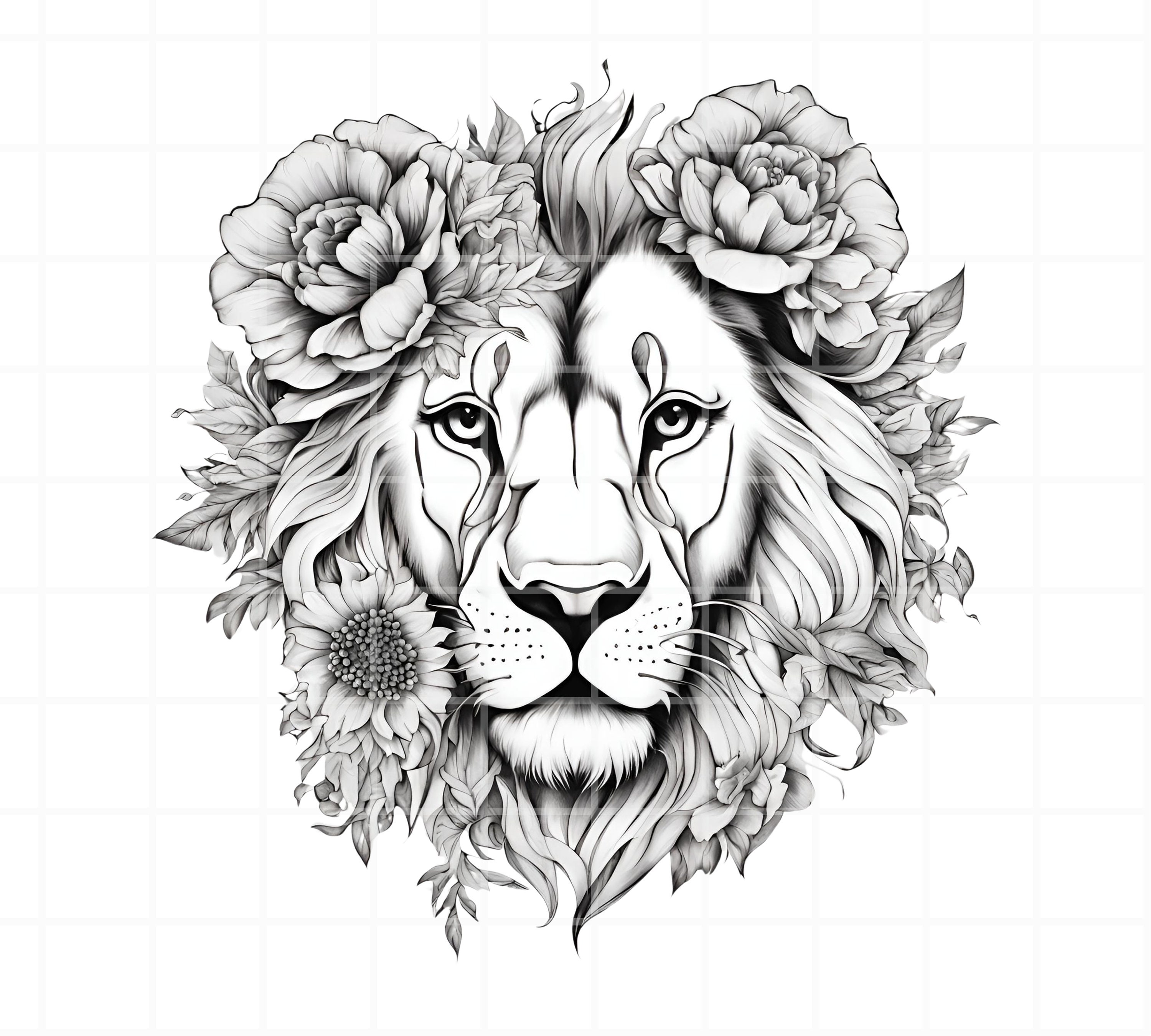 Lion and rose tattoo - Etsy België, image size:3000x2700