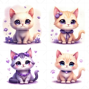 Paquete de imágenes prediseñadas de gatos tiernos, PNG de gato lindo, gráficos de gatitos, gatos kawaii, gato lila, animales bebés, animales de dibujos animados imprimibles, uso comercial