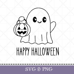 May include: A black and white illustration of a cartoon ghost holding a jack-o'-lantern. The ghost has a smiling face and is waving. The words "HAPPY HALLOWEEN" are below the ghost.