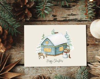 Christmas card postcard Christmas to print yourself winter landscape winter house snow snowman pastel watercolor digital file