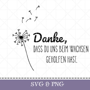 Op de afbeelding: Zwart-wit afbeelding van een paardenbloem met de Duitse tekst "Danke, dass du uns beim wachsen geholfen hast." De afbeelding bevat ook de tekst "SVG & PNG" onderaan.