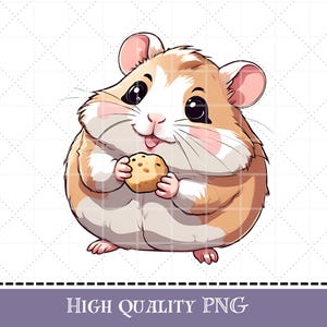 May include: A cartoon hamster with brown and white fur is holding a small, round, yellow biscuit in its paws. The hamster has a big smile and is looking directly at the viewer.