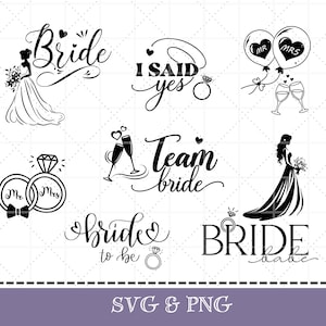 Bruid SVG & PNG Aanstaande bruid, Bruiloft, Vrijgezellenfeest JAG, Ring, Bruidsjurk, Mevrouw Dhr., Bundel, 7 bestanden, Engels digitaal bestand