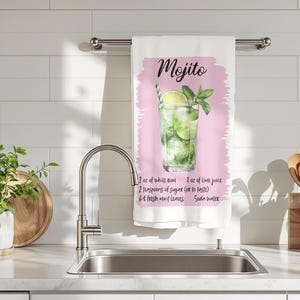 Mojito Cocktail Recipe Kitchen Towel | Cotton Minty Bar Towel | Summer Kitchen Decor