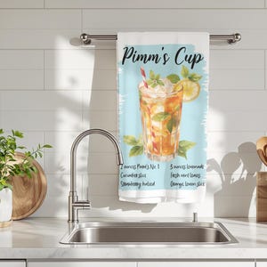 Pimms Cup Cocktail Recipe Kitchen Towel | Summer Drink Tea Towel | British Bar Decor
