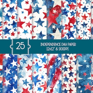 4. Juli Digitales Papier-Bundle | 25 Inspirational Hintergründe zum Unabhängigkeitstag | Rot, Weiß & Blaue Sterne | 30x30cm Aquarell Scrapbook Papier
