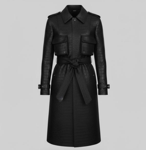 Black Crocodile Leather Trench Coat Genuine Unisex Outerwear Handmade in London
