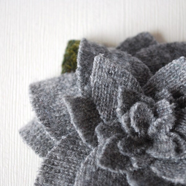 Reclaimed Wool Sweater Brooch - Softest Cashmere Ash Gray Chrysanthemum - FREE US SHIPPING