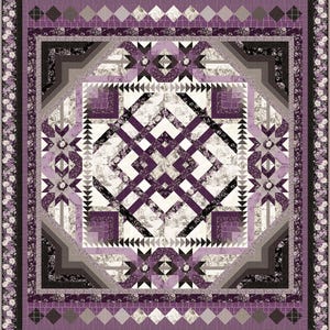 May include: A rectangular quilt featuring a complex geometric pattern in shades of purple, black, white, and gray. The design includes star motifs, interlocking bands, and a floral border, all constructed from various patterned fabric blocks.