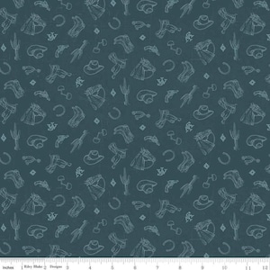 May include: Dark teal fabric with a repeating pattern of cowboy-themed illustrations. The design includes horseshoes, cowboy hats, saddles, horses, cacti, and other western motifs in a light blue-gray color.