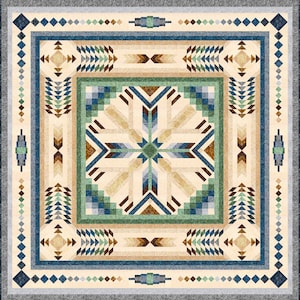 May include: A square quilt featuring a central star pattern composed of geometric shapes in shades of cream, tan, brown, green, and blue. The design includes multiple concentric borders with repeating diamond and arrow motifs.