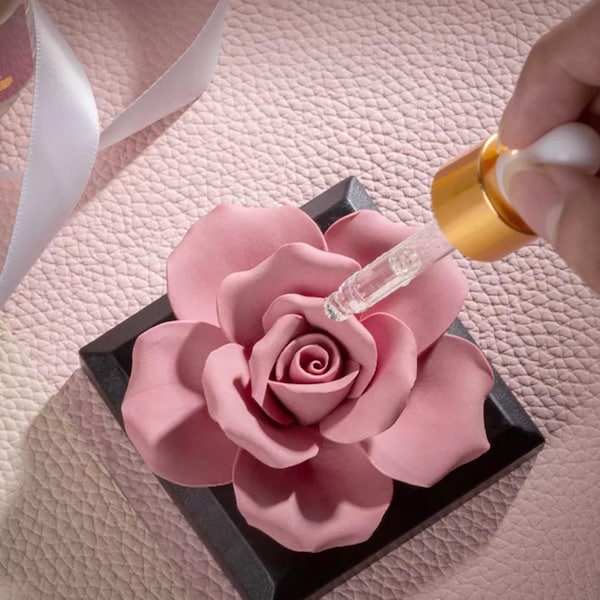 Ceramic Pink Rose, Handmade LOVE Flower Stone Aromatherapy, Essential Oil Diffuser, Car/Home Vent Pottery Air Freshener, Memorable Gift