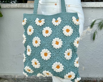Crochet Floral Tote Bag, Handmade Daisy Shoulder Bag, Flower Women