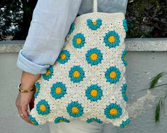 Crochet Flower Tote Bag: Handmade Cotton Daisy Granny Square