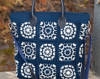 Handmade Crochet Granny Square Bag: Navy Blue Leather Strap Tote