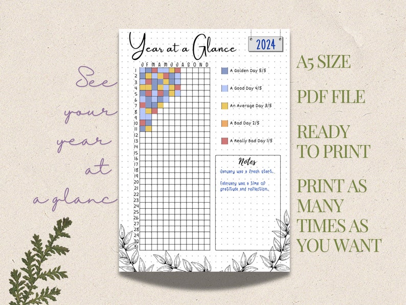 Year at a Glance Printable Tracker, A5 Journal Page, Rate My Day, Mood ...